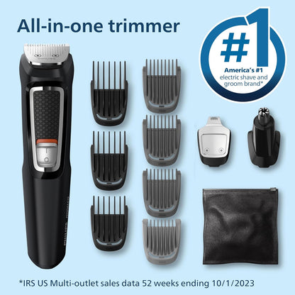 Philips Norelco Multi Groomer All-in-One Trimmer Series 3000-13 Piece Mens Grooming Kit for Beard, Face, Nose, Ear Hair Trimmer and Hair Clipper - NO Blade Oil Needed, MG3740/40